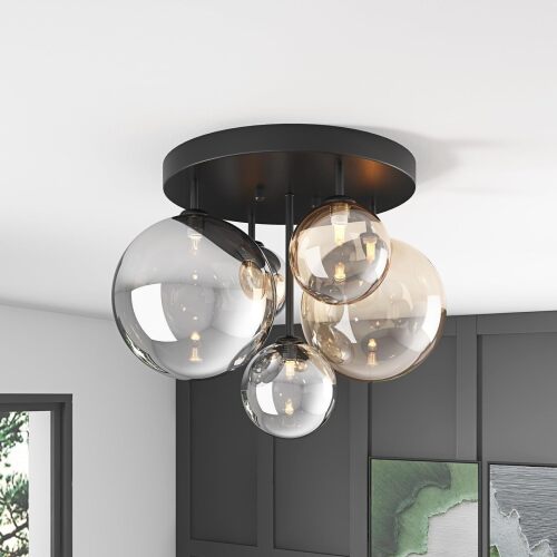 Aiwen 5-Light 17.71 in Black Semi Flush Mount Ceiling Light, Modern Ceiling Chandeliers with Globe Glass Shade, Farmhouse Ceiling Light Fixture, Cluster Chandelier for Bedroom - Lot 5265