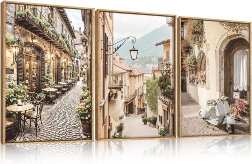 Foreign Scenery Framed Canvas Wall Art Set,Vintage Travel City Wall Decor,Modern Minimalist Europe Street Picture Artwork Nature Landscape Art Print for Living Room,Bedroom - Lot 5132