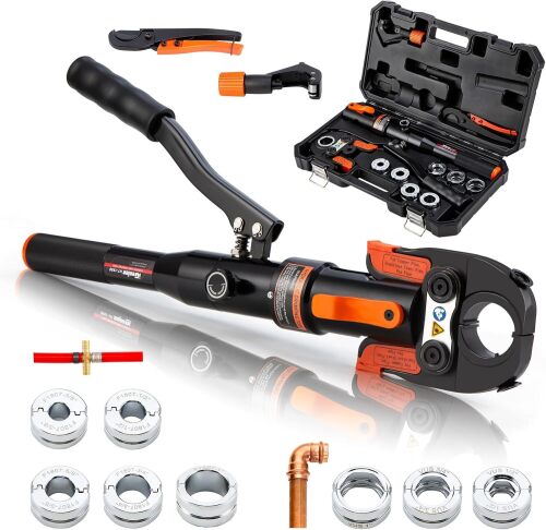 Hydraulic Copper Press Tool, Pex Crimping Tool with 1/2", 3/4", 1" Dies for Copper Pipe Fitting & 3/8"-1" Dies for ASTM F1807 Pex Copper Rings, Heavy Duty - Lot 5187