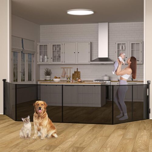 Upgraded 200 inch Retractable Baby Gates Extra Wide with Support Rod, 34" Tall Mesh Dog Gate, Child Safety Gate for Stairs, Doorways, Hallways, Indoor/Outdoor (Black, 200in) - Lot 5152