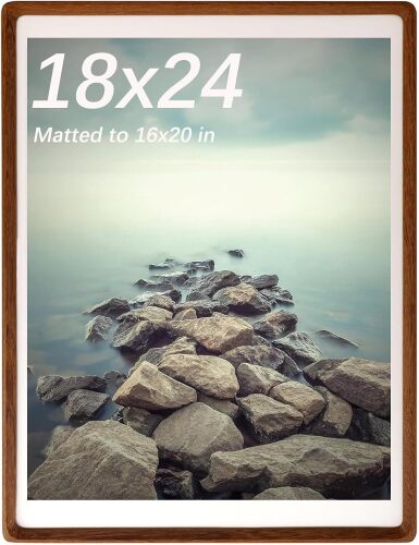 Solid Walnut 18x24 Frame, Natural Wood 18 x 24 Poster Frame with Mat for 16x20 Photos, Gallery Wall Picture Frame for Wall Mounting Display - Lot 5192