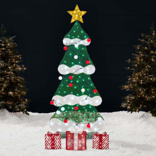 6ft Lighted 2D Christmas Tree Outdoor Decor w/ 170 LED Lights, 3 Gift Boxes - Lot 5203
