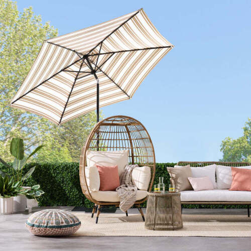 Outdoor Steel Striped Market Patio Umbrella w/ Tilt, Crank Lift - 10ft - Lot 5317