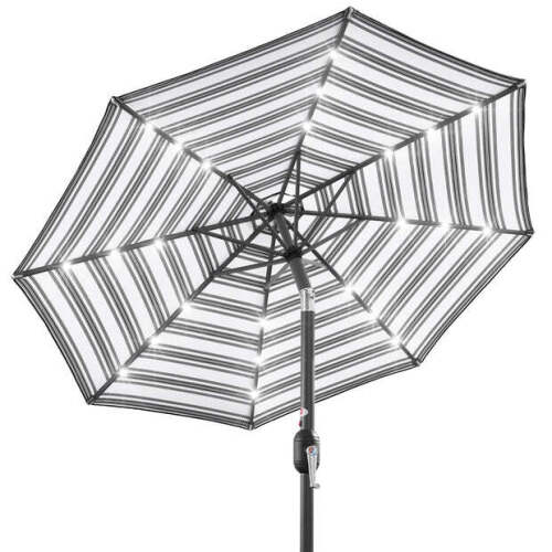 Solar LED Lighted Striped Patio Umbrella w/ Tilt Adjustment - 10ft - Lot 5323