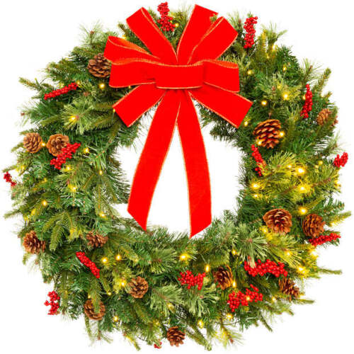 Pre-Lit Battery Powered Christmas Wreath w/ Lights, PVC Tips, Ribbon - Lot 5390