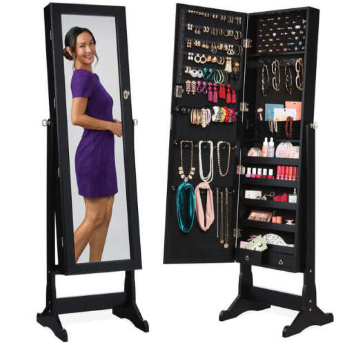 Full Length Freestanding Jewelry Mirror Armoire w/ Velvet Interior - black - Lot 5333