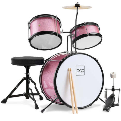 Kids Beginner 3-Piece Drum, Musical Instrument Set w/ Sticks, Stool, Pedal - Lot 5351