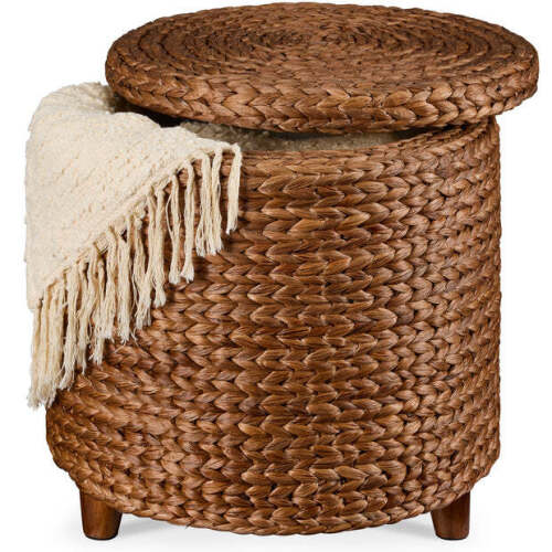 17" Round Storage Ottoman with Lid, Handwoven Water Hyacinth Footstool - Lot 5449