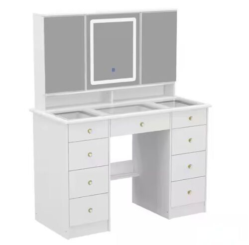 FUFU&GAGA White Makeup Vanity Desk 9 Drawers Wood Dressing Table With 3 Mirrors, Glass Top, Hidden Storage Shelves, LED Lighted - Lot 40JF