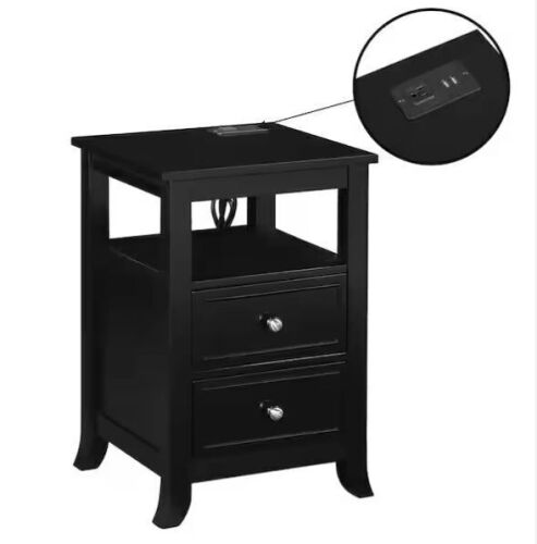 Convenience Concepts Melbourne 15.75 in. W Black Square MDF 2 Drawer End Table with Charging Station and Shelf - Lot 57JF
