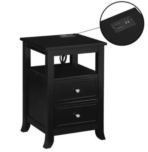 Convenience Concepts Melbourne 15.75 in. W Black Square MDF 2 Drawer End Table with Charging Station and Shelf - Lot 58JF