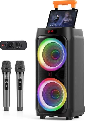 JYX 24" Karaoke Machine with 2 Wireless Microphones, RGB Light PA System Treble & Bass, Support TWS/USB/AUX/TF Card/REC - Lot 79