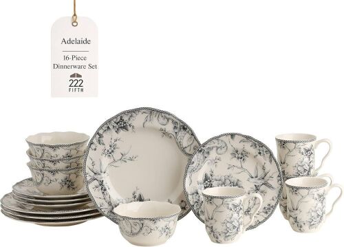 222 Fifth Adelaide 16-Piece Casual Grey Porcelain Dinnerware Set, Service for 4 - Lot 280
