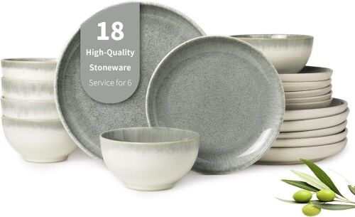 Pokini 18 Piece Ceramic Dinnerware Set for 6, Gradient Green - Lot 286
