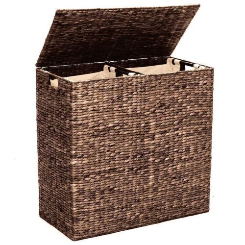 Large Water Hyacinth Double Laundry Hamper Basket w/ 2 Liner Bags - Lot 323
