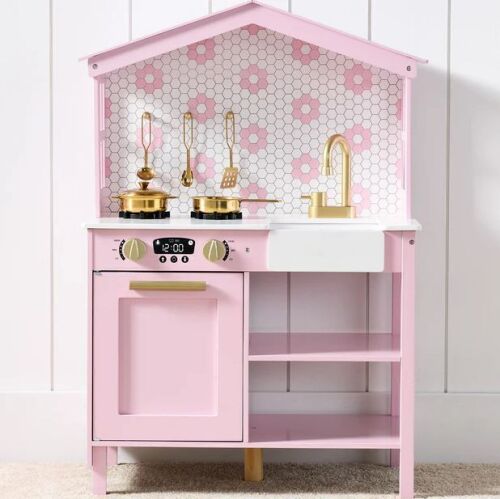 Pretend Play Wooden Farmhouse Kitchen Set w/ Storage, 5 Accessories - Lot 130