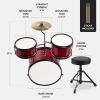 Kids Beginner 3-Piece Drum, Musical Instrument Set w/ Sticks, Stool, Pedal - Thumbnail 2