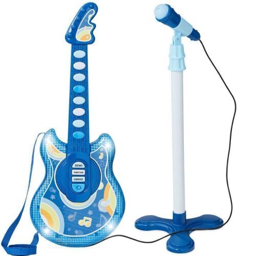 19in Kids Flash Guitar, Pretend Play Musical Instrument Toy for Toddlers w/ Mic, Stand - Lot 743