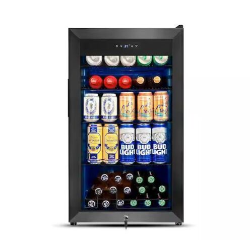 18.89 in.Black Single Zone Freestanding 130-Cans Stainless Steel Beverage Cooler with Low-E Glass Door, Safety Lock - Small Dent Back Right Corner - Lot 9JF