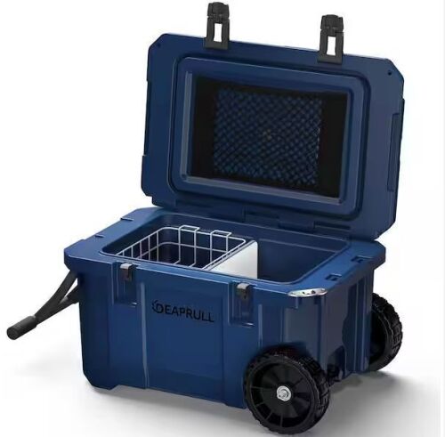 27.in. 55-Quart Cooler with Wheels, Warming Drawer, Leak-Proof Outdoor Insulated Cooler with Handle, Cup Holders, Blue - Lot 61JF