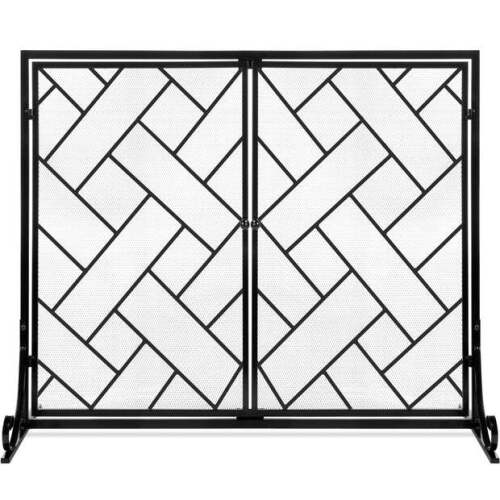 2-Panel Wrought Iron Geometric Fireplace Screen w/ Magnetic Doors - 44x33in - Lot 5492