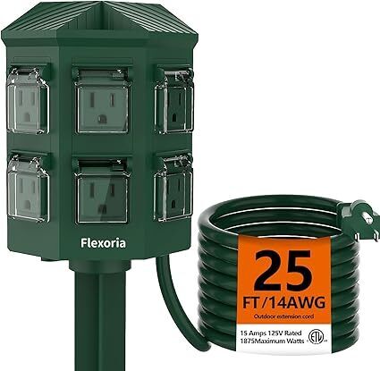 Outdoor Power Strip Waterproof, 25 FT Extension Cord, 6 Grounded Outlets for Halloween/Christmas Decorations and Inflatables, 15A/1875W, ETL Listed - Lot 5511