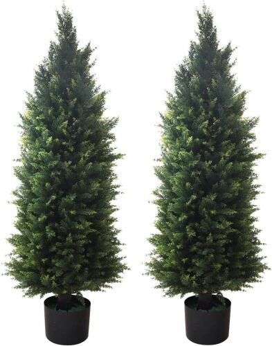 Artificial Topiary Tree 2-Set - Beautiful Realistic Faux Cedar Pines, 4 Feet Tall, UV Protection for Longer Life, Durable 6" Wide Heavy Duty Pots for Outdoor & Indoor Decor(2, 48 inch) - Lot 5579