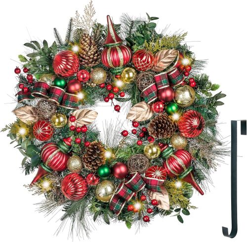 Pre-Lit Christmas Wreath for Front Door with Light, Large Lighted Outdoor Christmas Wreath with Red Green Gold Xmas Ball & Ribbon for Home Porch Fireplace Window Holiday Wall Decor - Lot 5708