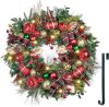Pre-Lit Christmas Wreath for Front Door with Light, Large Lighted Outdoor Christmas Wreath with Red Green Gold Xmas Ball & Ribbon for Home Porch Fireplace Window Holiday Wall Decor - Thumbnail 1