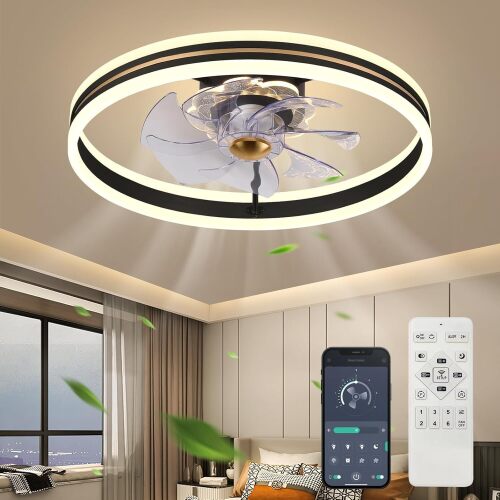 20‘’ Smart Ceiling Fan with Light, Low Profile Fan, Flush Mount Ceiling Fan, 6 Speeds, Dimmable LED, App & Remote Control, Quiet DC Motor, For Bedroom, Living Room - Lot 5732