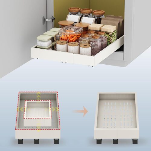 Pull out Cabinet Organizer,Expandable Width(11"-16"),Depth(17"-24") with 3 Rails,Roll out Drawers,No Drill Adjustable Slide out Shelves for Kitchen,Pantry,for Both Lip and Lip-Free Cabinets,White(1PC) - Lot 5693