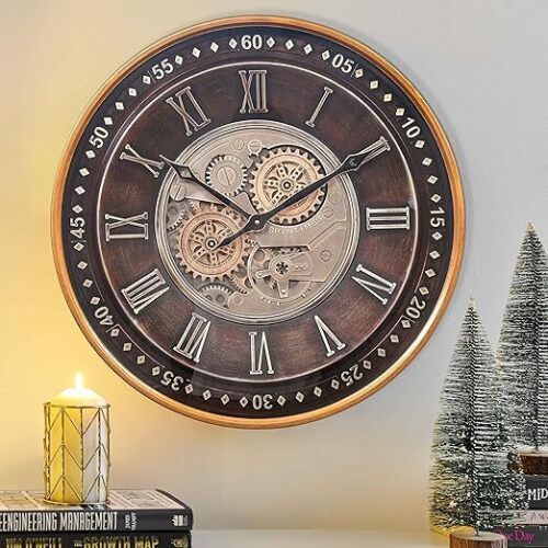 CLXEAST 24 Inch Wall Clock with Moving Gears,Oversized Large Industrial Steampunk Clock, Antique Gold Metal Roman Numeral Wall Clock - Lot 5664