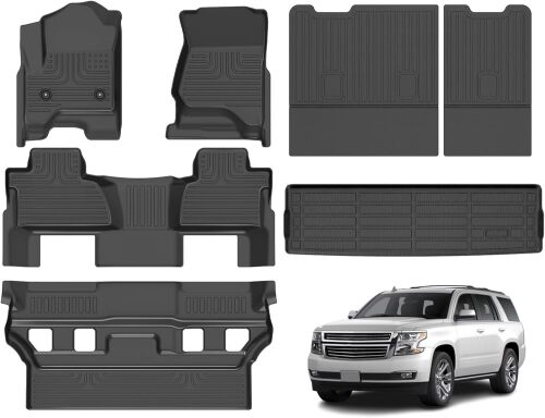 Floor Mats & Cargo Liner for 2015-2020 Chevy Tahoe & GMC Yukon (Bucket Seat) (Not XL) All Weather TPE Set Anti-Slip Waterproof Floor Liners Accessories (Car Mats+Trunk Mat+Backrest) Black - Lot 5689