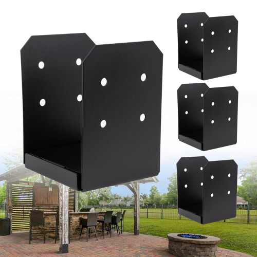 8x8 Post Base Brackets 4-Pack (7.5x7.5in Actual) - Heavy Duty Deck Post Anchor for Pergola, Gazebo, Playset - Black Powder Coated Steel with Standoff - Lot 5765