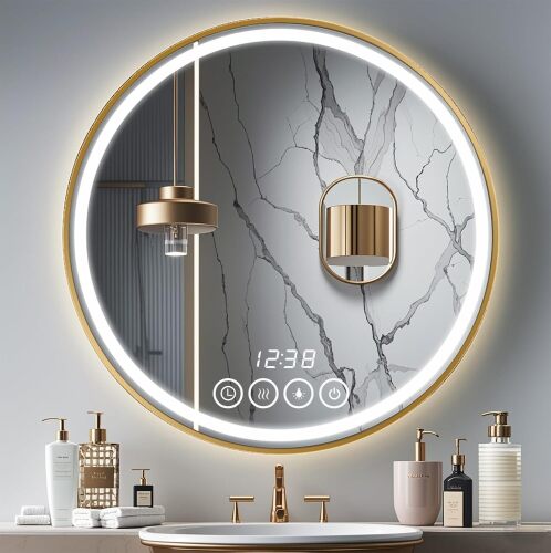 28 Inch Wall-Mounted Round Bathroom Mirror with LED-Lights - Frame Vanity Mirrors - Lot 5777