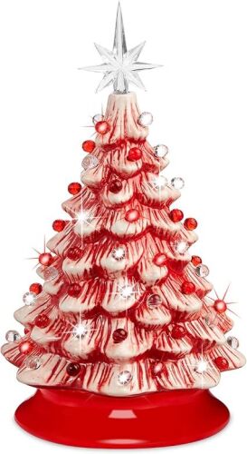 15in Ceramic Christmas Tree, Pre-lit Hand-Painted Tabletop Holiday Tree, 2 Star Toppers, 64 Lights - Peppermint w/Red and White Bulbs - Lot 5830
