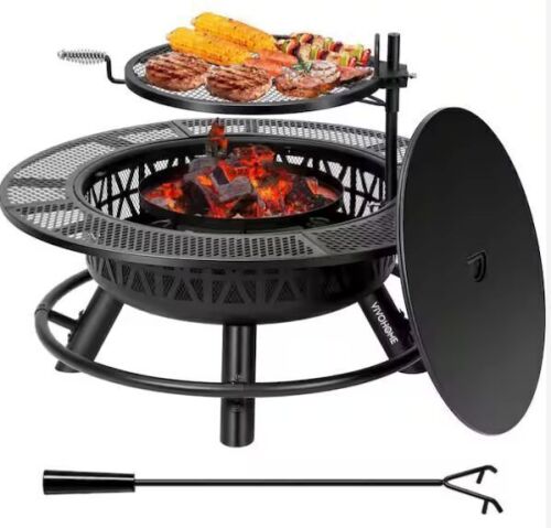 VIVOHOME 35 in. Metal Wood Burning Fire Pit with Cooking Grill Grate, Charcoal Pan and Cover Lid - Lot 99JF