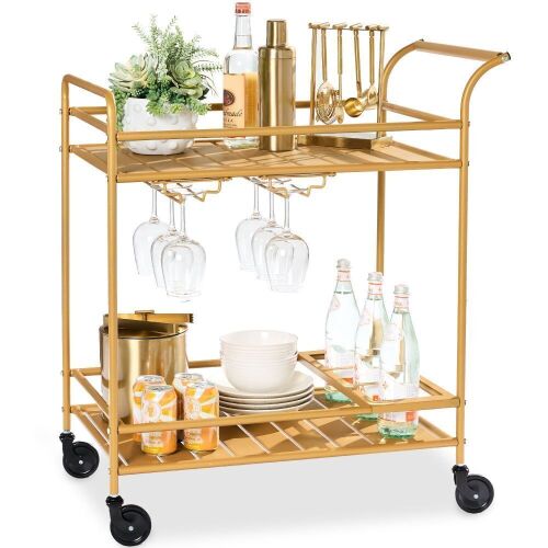 2-Tier Rolling Bar Cart Indoor/Outdoor w/ Shelves, Wine Rack, Locking Wheels - Lot 716
