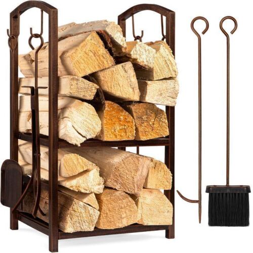 5-Piece Firewood Log Rack Holder Tools Set w/ Hook, Broom, Shovel, Tongs - Lot 623