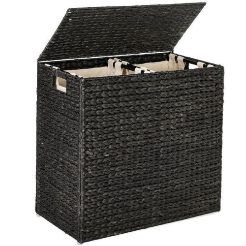 Large Water Hyacinth Double Laundry Hamper Basket w/ 2 Liner Bags - Lot 524