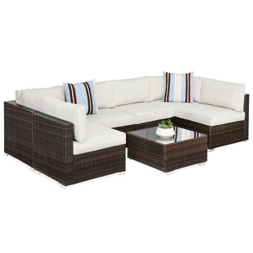 7-Piece Modular Wicker Sectional Conversation Set w/ 2 Pillows, Cover - Lot 4