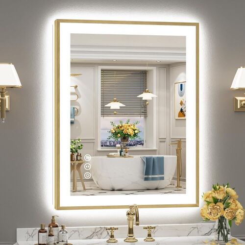 Gold Framed LED Backlit & Front Lit, Anti-Fog Bathroom Mirror, 28" x 36" - Lot 184