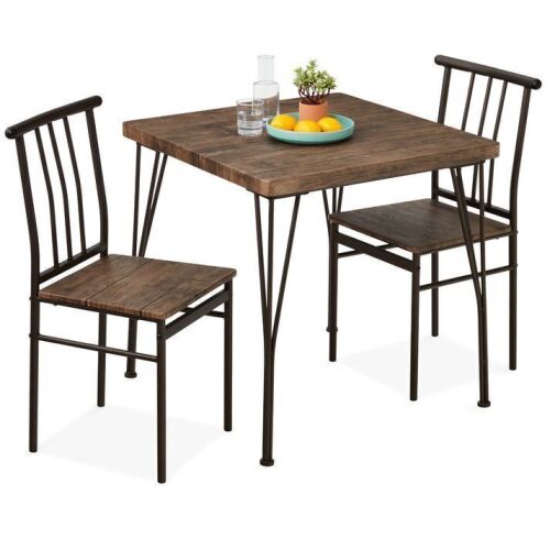 3-Piece Metal Wood Square Dining Table Furniture Set w/ 2 Chairs - Lot 72
