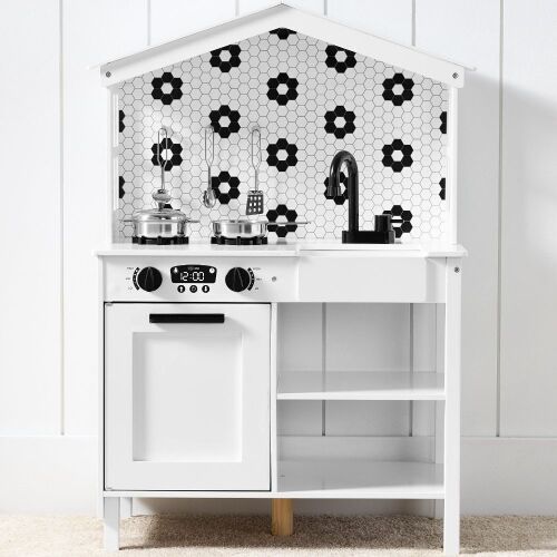 Pretend Play Wooden Farmhouse Kitchen Set w/ Storage, 5 Accessories - Lot 314