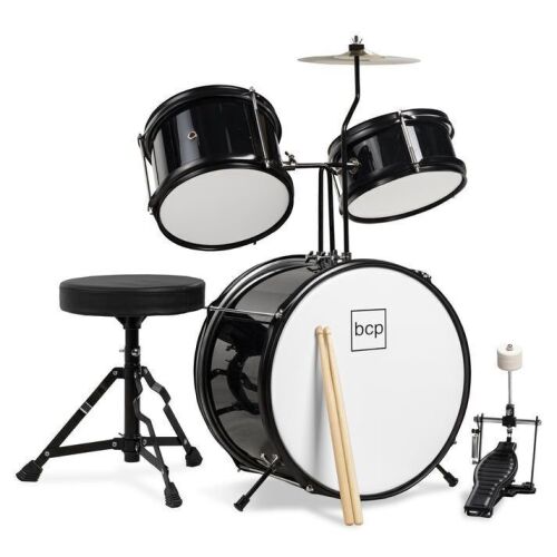 Kids Beginner 3-Piece Drum, Musical Instrument Set w/ Sticks, Stool, Pedal - Lot 302