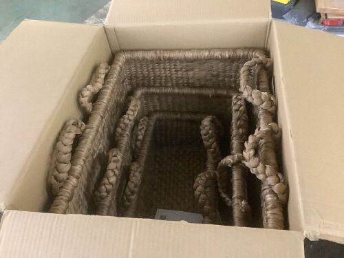 3Pc Shelf Baskets, Small, Large & XL Chunky Woven Baskets w/ Braided Handles - Handle Broken on 1 Basket - Lot 640