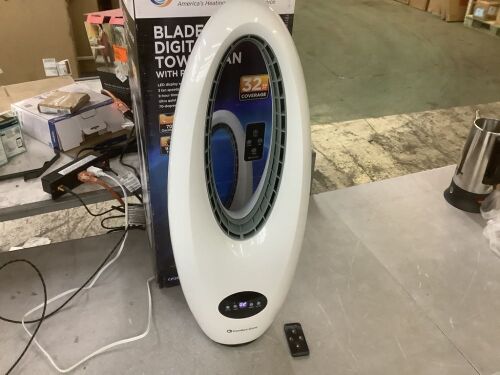 Comfor Zone 28 in. Tall. 5 in. Diameter Base, 3 Speed Bladeless Tower Fan with Oscillation, Timer Function, and Remote in White - Lot 534JF