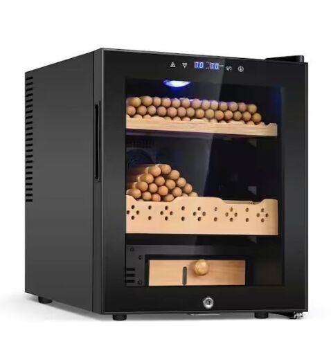 17 in. Single Zone Spanish Cedar Wood Electric Cigar Humidor 50L Storage 300Counts Humidity and Temperature Control in Black - Dented - Lot 23JF