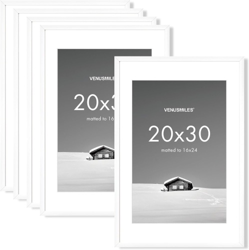 20x30 Photo Frames with 16x24 Removable Mat, High Definition Plexiglass, White, 5 Pack - Lot 444