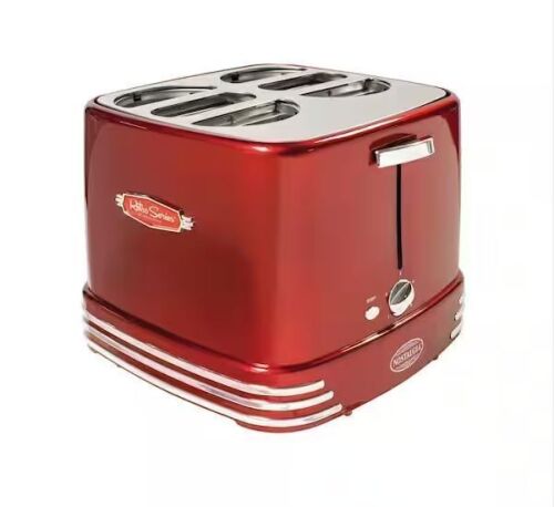 Nostalgia Retro Series 4-Slice Red Hot Dog and Bun Toaster with Crumb Tray and Mini Tongs - Lot 855JF